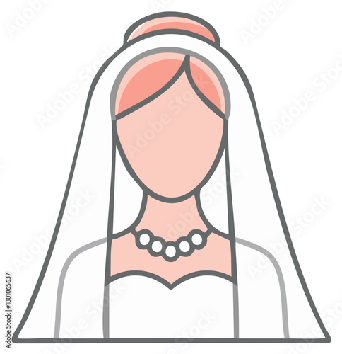 Outline illustration of a bride wearing a wedding veil and pearl necklace