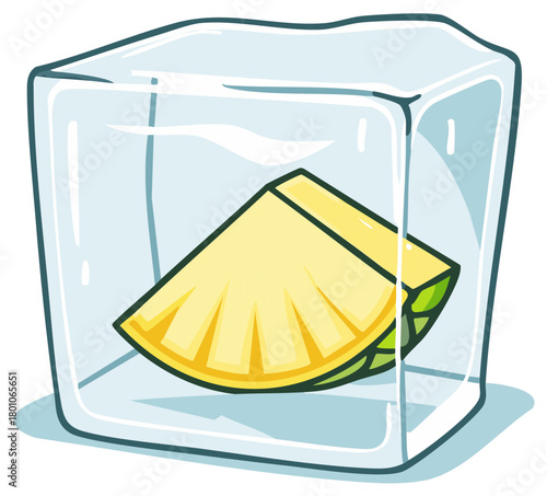 Cartoon illustration of a fresh pineapple wedge frozen inside a clear ice cube