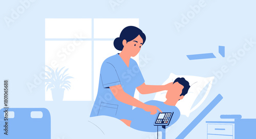Hospital Care Illustration: Nurse Attending Patient in Hospital Room for Medical Support