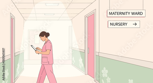Hospital Corridor Illustration Depicting a Nurse Navigating with a Tablet in a Hospital