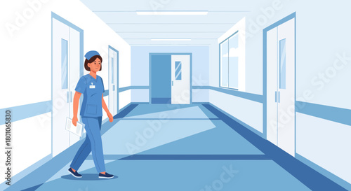 Hospital Corridor Illustration Depicting A Nurse Walking Through A Empty White Building Space