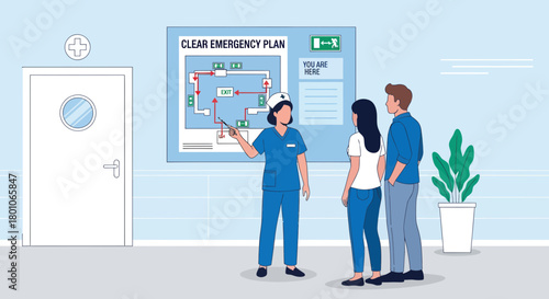 Hospital Emergency Procedures Overview with Nurse Explaining the Evacuation Plan Concept