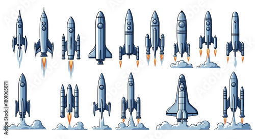 Collection of various stylized rocket ship illustrations, ideal for space travel and futuristic technology concepts.