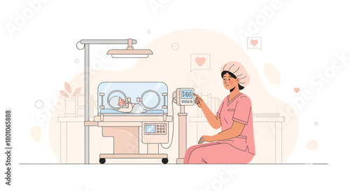 Hospital Neonatal Care Medical Illustration Presenting Infant And The Nurse, Vector