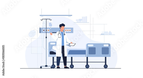 Hospital Scene: Doctor with Stethoscope and Tablet Near Patient Bed Illustration