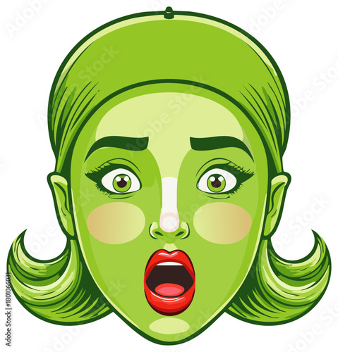 Green faced woman with shocked expression and wide open mouth