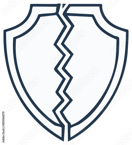 Cracked shield icon illustration representing breakdown, security, defense, protection, and vulnerability