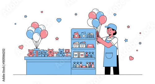 Joyful Celebration Featuring Balloons Teddy Bears And A Cheerful Shop Assistant Scene
