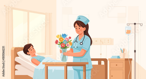 Kind Nurse Offers Colorful Blooms To A Patient in Hospital Bed With Radiating Warmth Of Care