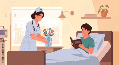 Kind Nurse Placing Flowers For Patient While He Reads, Providing Comfort And Care