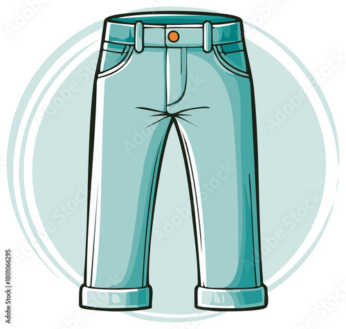 Light Wash Blue Denim Jeans with Rolled Cuffs and Orange Button Detail Cartoon Style
