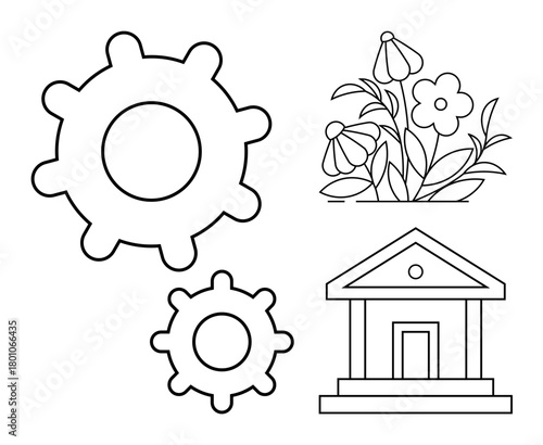 Gears interlocking, blossoming flowers, and a classic building design. Ideal for growth, teamwork, progress, innovation, stability sustainability and institutional concepts. Simple flat metaphor