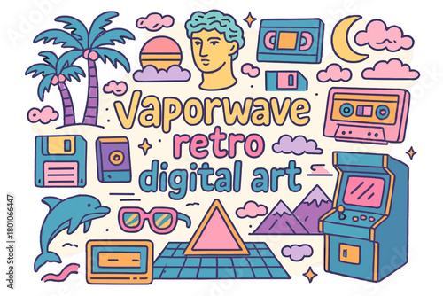 Vaporwave Doodle Collage. Vaporwave retro digital art. Hand-drawn doodle illustration of vaporwave retro