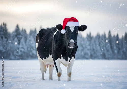 A whimsical Holstein cow wearing a bright red Santa hat stands in a snowy winter field, looking directly at the camera