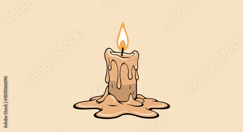 A cartoon illustration depicts a candle that is lit, burning, and melting wax around the base, symbolizing warmth and light.