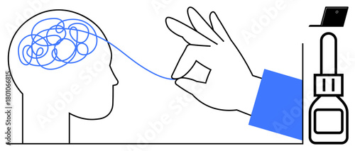 Head silhouette with tangled lines in the brain, hand untangling thread, glue bottle. Ideal for mental clarity, problem-solving, creativity, mindfulness, stress management, focus personal growth