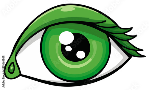 Bright Green Human Eye Artwork with Bold Outlines and Cartoon Style Eyelashes