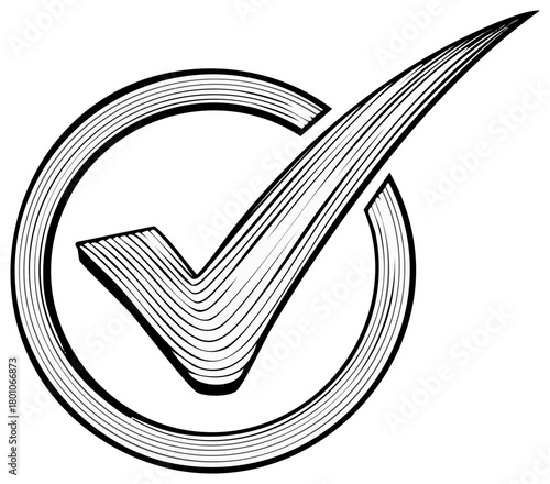Black Line Check Mark in Circle Artistic Style Isolated on White Approval Tick Choice