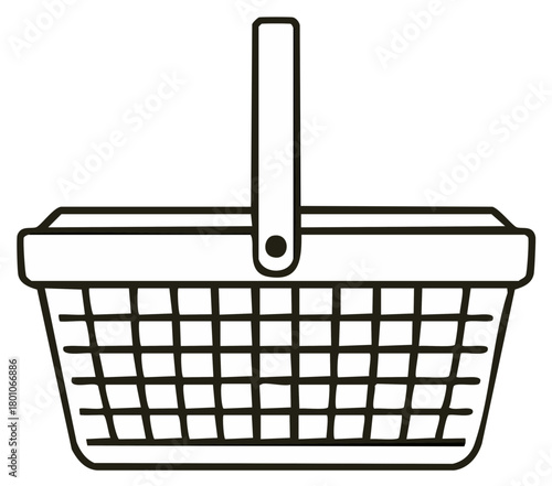 Simple black and white line art illustration of an empty picnic basket with a handle