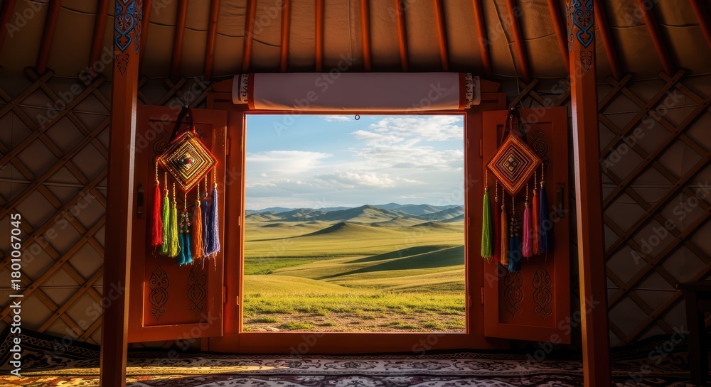 Fototapeta premium Stunning landscape view from inside a traditional yurt in mongolia