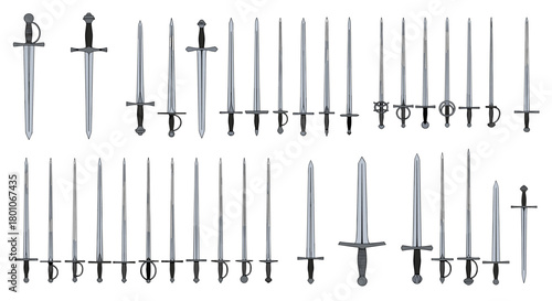A collection of various medieval swords, isolated on a white background, representing diverse historical blade designs and weaponry elements.