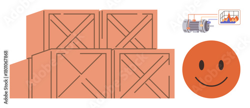 Stacked wooden crates show organized storage. Nearby, a chart and motor convey tracking efficiency and industrial work. A happy face symbolizes positivity. Ideal for supply chain, logistics