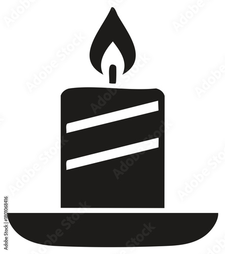 Simple black and white icon of a lit burning candle on a holder with decorative stripes, minimalist design