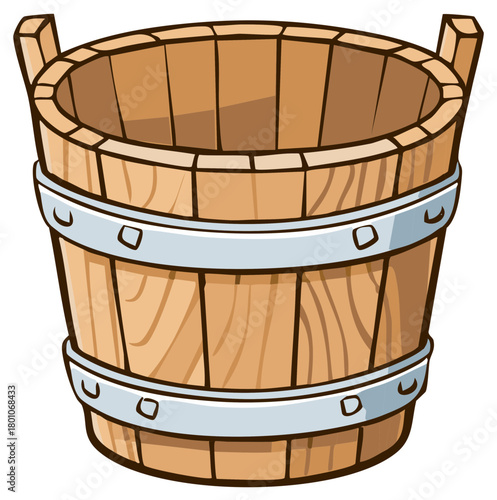 Cartoon illustration of a rustic empty wooden bucket with metal hoops