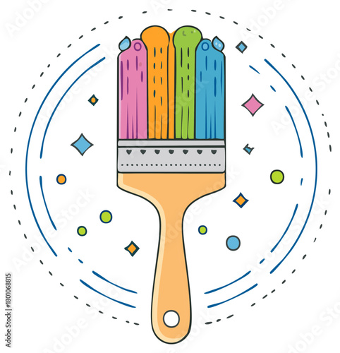 Colorful paintbrush with rainbow paint in a cartoon doodle style with sparkles
