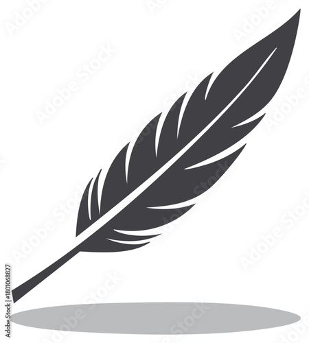 Elegant feather silhouette illustration with shadow. Beautiful simple design, isolated on white background.