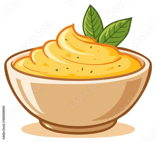 Smooth creamy yellow dip or sauce in a bowl with fresh green herb garnish