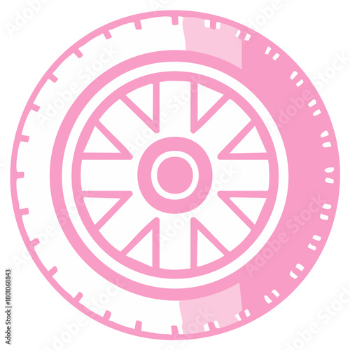 Pink Car Wheel Vector Illustration with Hubcap and Tread Marks