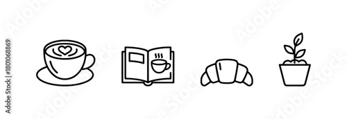 Minimalist line icon set depicting a cozy morning routine with a cup of coffee, an open book, a croissant, and a potted plant