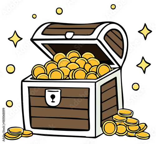 Open treasure chest overflowing with sparkling gold coins cartoon illustration