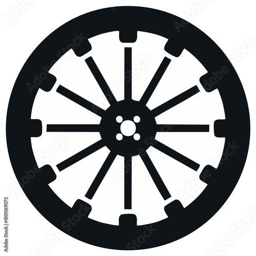 Classic spoked wheel silhouette vector icon for automotive and transport design element