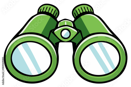 Cartoon green binoculars illustration for concepts of vision, exploration, observation, and discovery