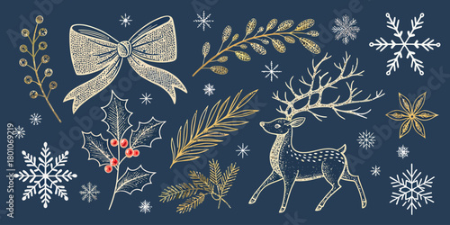 Christmas vector illustration of christmas themed elements including a deer bow and snowflakes on blue background