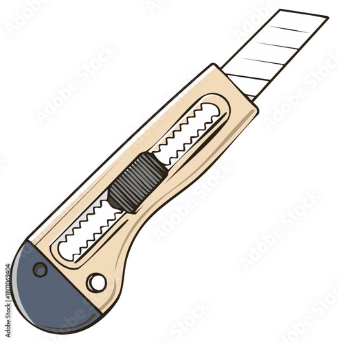 Illustration of a Utility Knife with Retractable Blade, Box Cutter for Cutting Paper or Cardboard