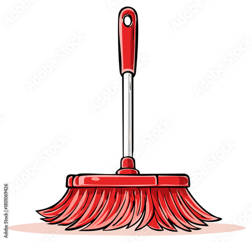 Vibrant red household broom cartoon illustration for home cleaning and tidying