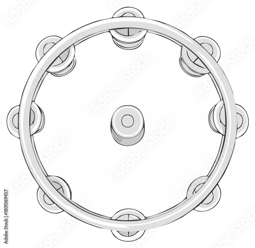 Monochrome Tambourine Illustration with Jingle Details Depicting Music and Rhythm