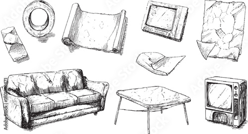 Hand drawn sketch of vintage furniture and objects including a sofa, televisions, and a scroll drawing