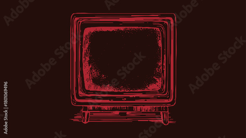 Vintage television set illustration in red outline on dark brown background retro screen