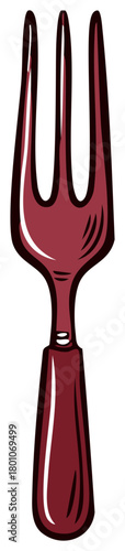 Stylized maroon three tined dining fork illustration for kitchen utensils and meal preparation