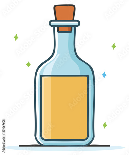 Whimsical cartoon bottle with a cork stopper holding sparkling golden liquid. Simple glass flask with elixir.