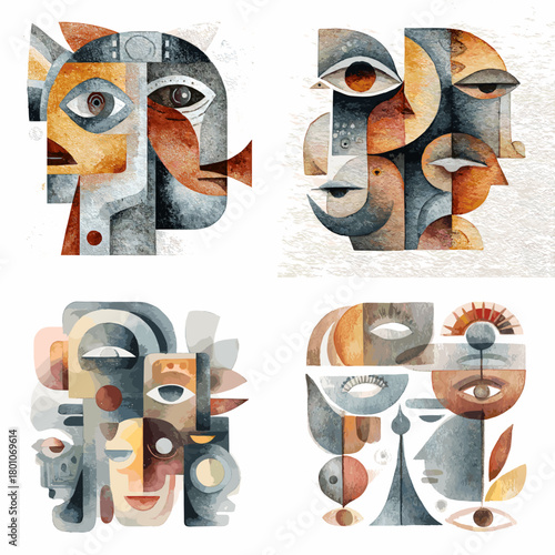 Abstract cubist face illustrations in watercolor with geometric shapes and layered features. Artistic modern composition suitable for creative projects contemporary decor and expressive design.