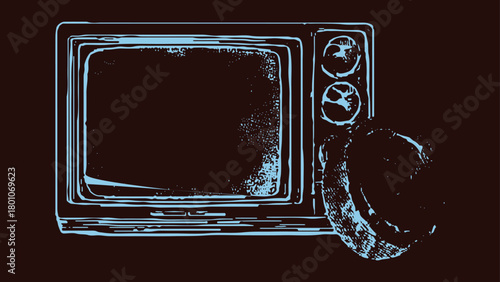 Light blue retro television set with static on screen and a hand holding a remote control vintage