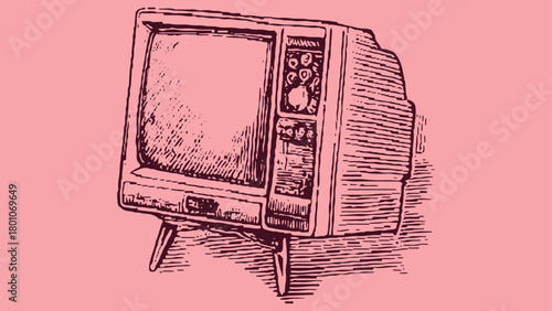 Vintage television set with dial controls and screen in a sketch style on a pink background retro
