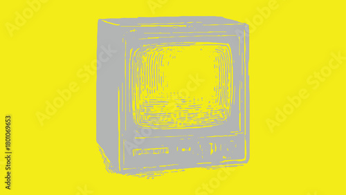 Gray retro television set with screen on bright yellow background vintage