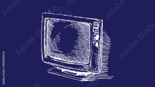 Vintage television set with static on screen and knobs on dark blue background retro