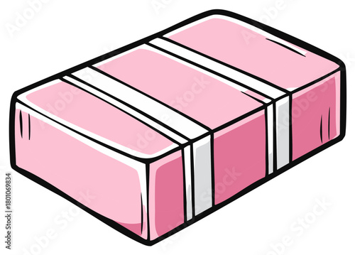 Cartoon illustration of a classic pink rubber eraser school and office supply